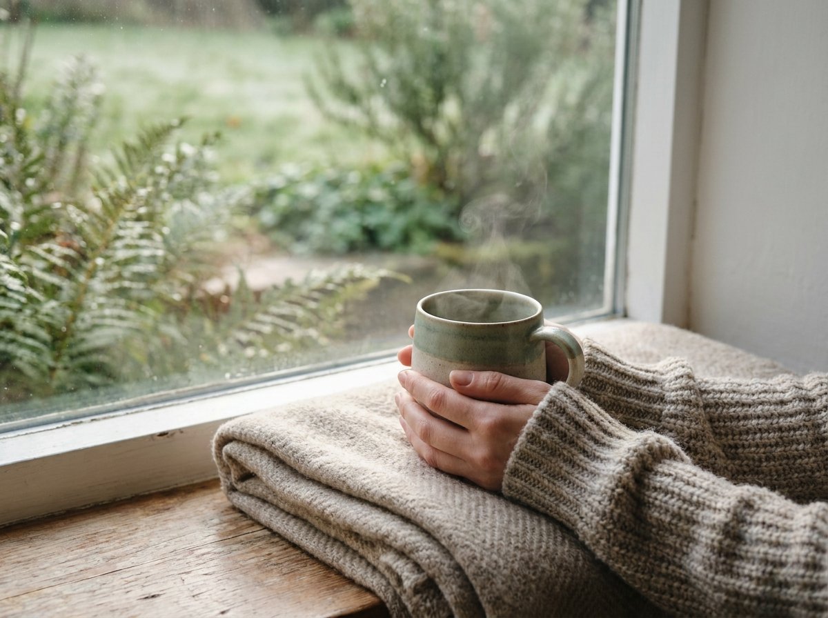 H&auml;nde halten eine warme Teetasse im Morgenlicht
